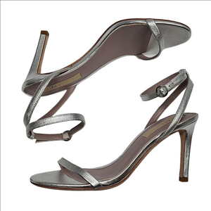 Deltan Leather Metallic Silver Ankle Strap Stiletto Heeled Sandal Size 10